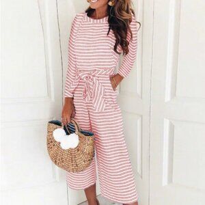 Quinn PINK/White Stripe Casual Stripe with Tie Belt Crop Jumpsuit Size S NWOT